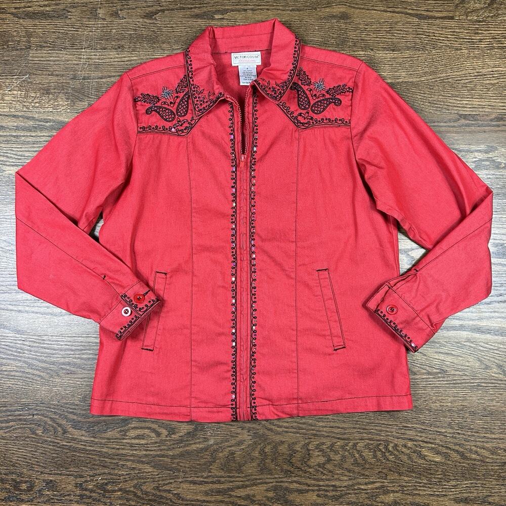 Victor Costa Occasion Jacket‎ Womens Small Red Western Embroidered Sequin Zip Up